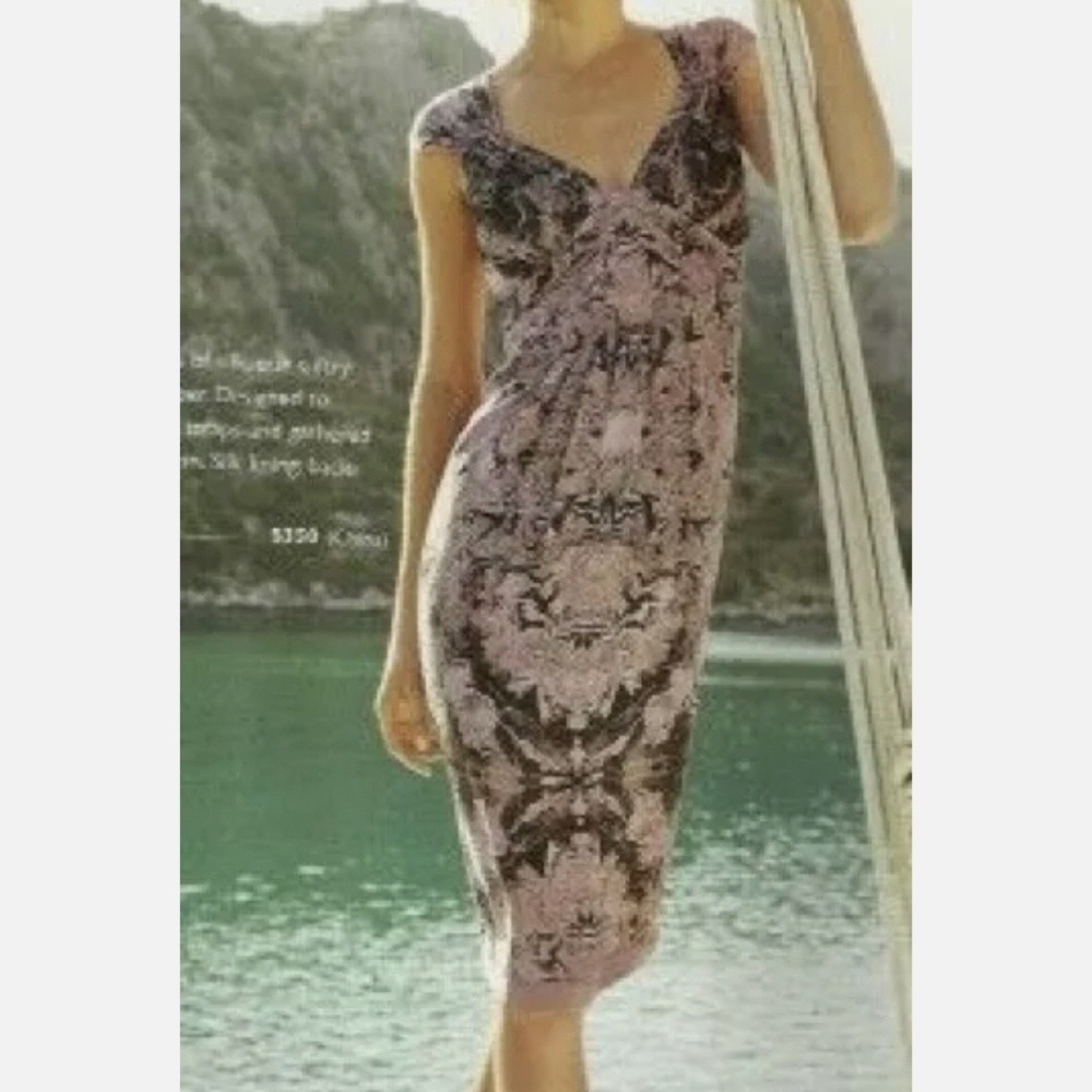 Peruvian Connection 100% Silk Marbled Print V-Neck Sheath Dress Purple Mauve 8